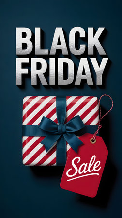 Black Friday Sale Poster with Gift Boxes and Ribbon on Black Backgroundの素材