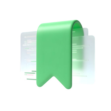 Green bookmark icon overlaying blurred documents, representing saving or bookmarking information isolated on transparent backgroundの素材