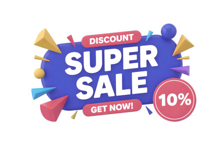 Super sale discount banner with 10 off and get now call to action, isolated on transparent backgroundの素材