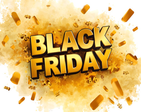 Golden black friday text with exploding confetti and glitter, isolated on transparent backgroundの素材
