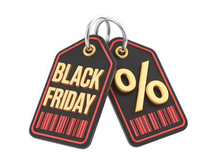 Black friday sale tags with percentage symbol and barcode isolated on transparent backgroundの素材