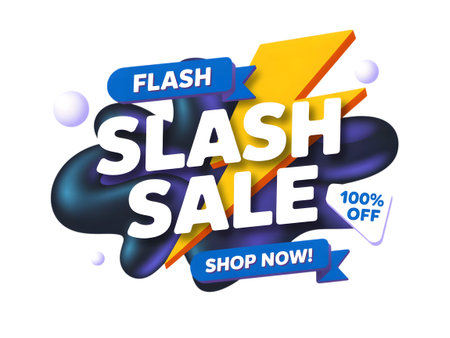 Dynamic flash sale banner with bold typography, lightning bolts, and 100 off promotion, isolated on transparent backgroundの素材
