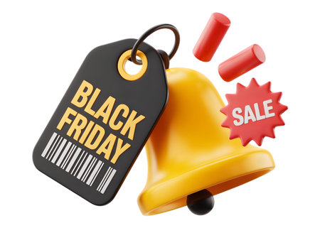 Black friday sale tag with a bell and red cylinders, isolated on transparent backgroundの素材