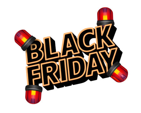 Black friday text with flashing red lights, isolated on transparent backgroundの素材