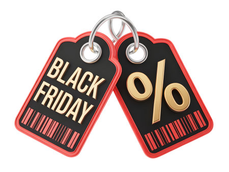 Black friday sale tags with percentage symbol and barcode isolated on transparent backgroundの素材