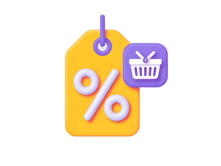 A yellow price tag with a percent symbol and a shopping basket icon, isolated on transparent backgroundの素材