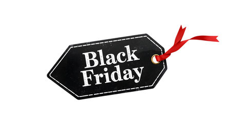 Black friday tag with red ribbon isolated on transparent backgroundの素材