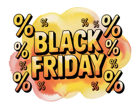 Black friday sale text with percentage symbols and watercolor splash effect, isolated on transparent backgroundの素材
