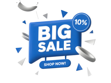 Big sale announcement with 10 discount and shop now button, isolated on transparent backgroundの素材
