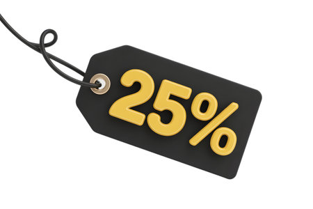 Black price tag with yellow 25 percent discount, isolated on transparent backgroundの素材