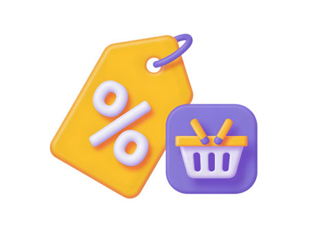 A yellow price tag with a percent symbol and a shopping basket icon, isolated on transparent backgroundの素材