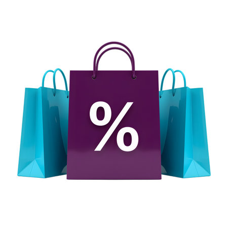 Three shopping bags, one purple with a percentage sign and two blue, isolated on transparent backgroundの素材