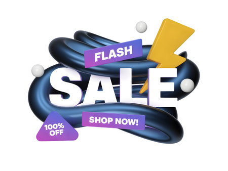 Abstract 3d composition with the word sale and lightning bolt, featuring flash sale and 100 off labels, isolated on transparent backgroundの素材
