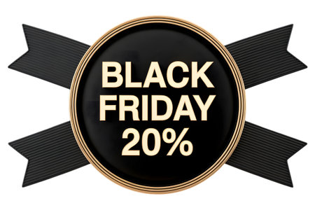 Black friday 20 discount badge with ribbon, isolated on transparent backgroundの素材