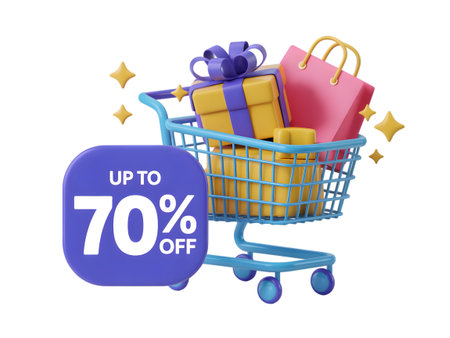 Blue shopping cart with gift boxes and shopping bags, featuring a purple sign with up to 70 off and sparkling stars, isolated on transparent backgroundの素材