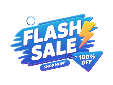 Flash sale banner with lightning bolt and 100 percent off tag isolated on transparent backgroundの素材