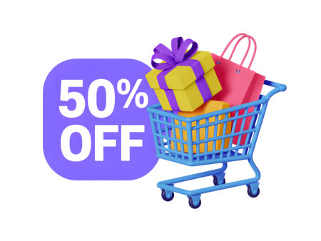Blue shopping cart filled with gift boxes and shopping bags, with a purple sign showing 50 off, isolated on transparent backgroundの素材