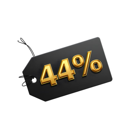 Black price tag with golden 44 percent discount isolated on transparent backgroundの素材