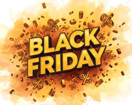 Golden 3d text black friday exploding with percentage symbols and confetti on a watercolor background isolated on transparent backgroundの素材