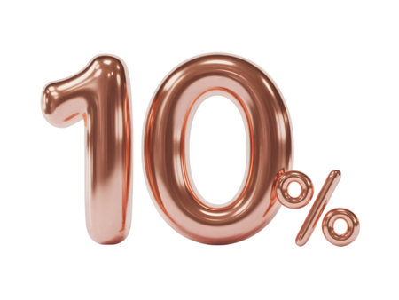 Rose gold metallic 3d number 10 with percent sign isolated on transparent backgroundの素材