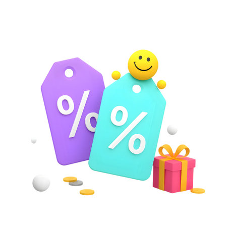Two 3d discount tags with percentage symbols, a gift box, and coins, with a smiley face on top isolated on transparent backgroundの素材