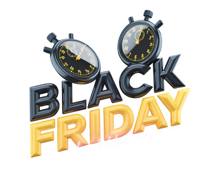 Black friday sale concept with vintage alarm clocks and bold lettering isolated on transparent backgroundの素材
