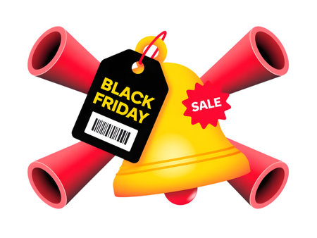 Black Friday Sale Label With Golden Bell, Red Ribbon and Barcodeの素材