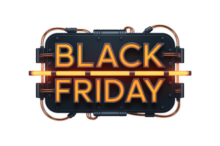 Black friday sale sign with industrial design and neon light isolated on transparent backgroundの素材