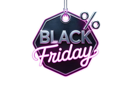 Black friday tag with percentage sign and neon effect isolated on transparent backgroundの素材