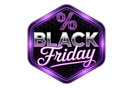 Purple hexagonal badge with black friday text and percentage symbol, isolated on transparent backgroundの素材
