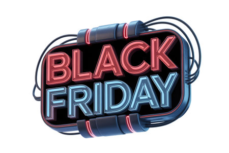 Black friday text in illuminated neon letters with a dark, industrial frame and visible wiring, isolated on transparent backgroundの素材