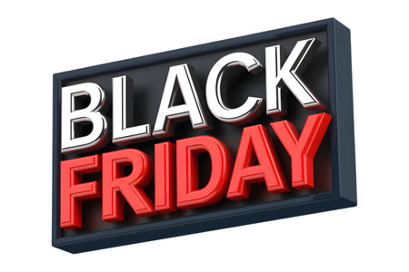 Black friday sale sign with white and red text isolated on transparent backgroundの素材