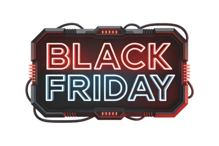 Futuristic neon sign with the words black friday glowing in red and blue, isolated on transparent backgroundの素材
