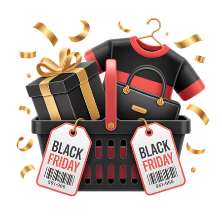 Black friday shopping basket filled with gift, handbag, and tshirt, isolated on transparent backgroundの素材