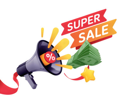 Super sale announcement with megaphone, money, percentage sign, and star isolated on transparent backgroundの素材