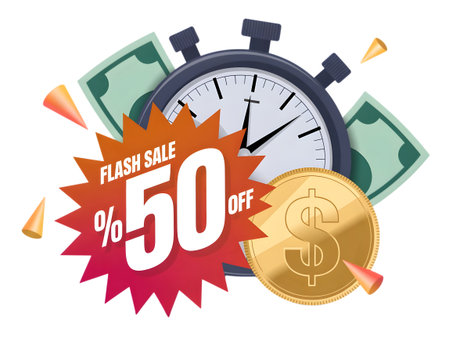 Flash sale announcement with stopwatch, percentage off, money, and gold coin isolated on transparent backgroundの素材