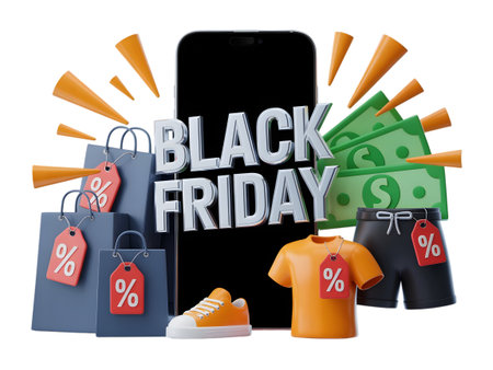 Black friday sale concept with shopping bags, clothing, shoes, money, and a smartphone, isolated on transparent backgroundの素材