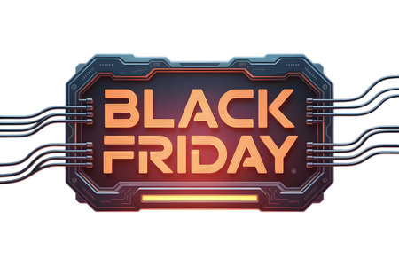 A futuristic, dark metallic sign with orange glowing letters spelling black friday, connected by wires, isolated on transparent backgroundの素材
