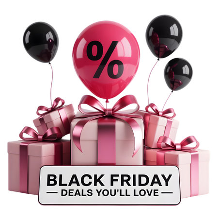 Black friday deals youll love concept with gift boxes, balloons, and percentage sign isolated on transparent backgroundの素材