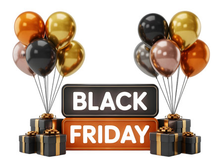 Black friday sale event with balloons and gift boxes, isolated on transparent backgroundの素材