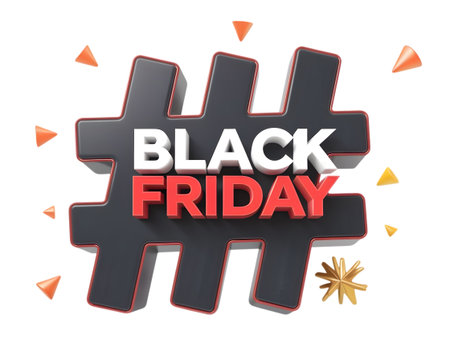 A large black hashtag symbol with red trim and white text reading black friday in the center, surrounded by small orange cones and yellow starbursts, isolated on transparent backgroundの素材