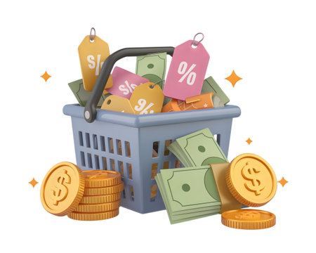 Shopping basket overflowing with cash, coins, and sale tags, representing a successful purchase, isolated on transparent backgroundの素材