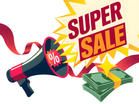 Super sale announcement with megaphone, percentage symbol, ribbon, and money bills isolated on transparent backgroundの素材