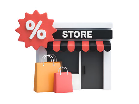 A 3d illustration of a store facade with a large red percentage sign and shopping bags, isolated on transparent backgroundの素材