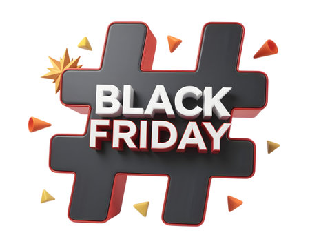 Black friday hashtag with festive elements and sale icons, isolated on transparent backgroundの素材