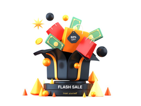Exploding gift box filled with shopping bags, money, and sale tags, representing flash sale and discounts, isolated on transparent backgroundの素材