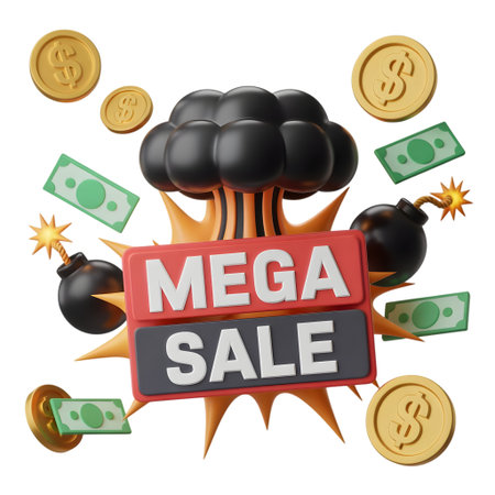 Mega sale explosion with bombs, money, and coins isolated on transparent backgroundの素材