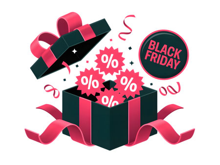 Black friday gift box with percentage signs and ribbons, isolated on transparent backgroundの素材