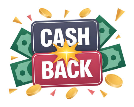 Cash back concept with money and coins, isolated on transparent backgroundの素材