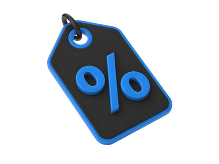 3d illustration of a black price tag with blue border and percentage sign, isolated on transparent backgroundの素材